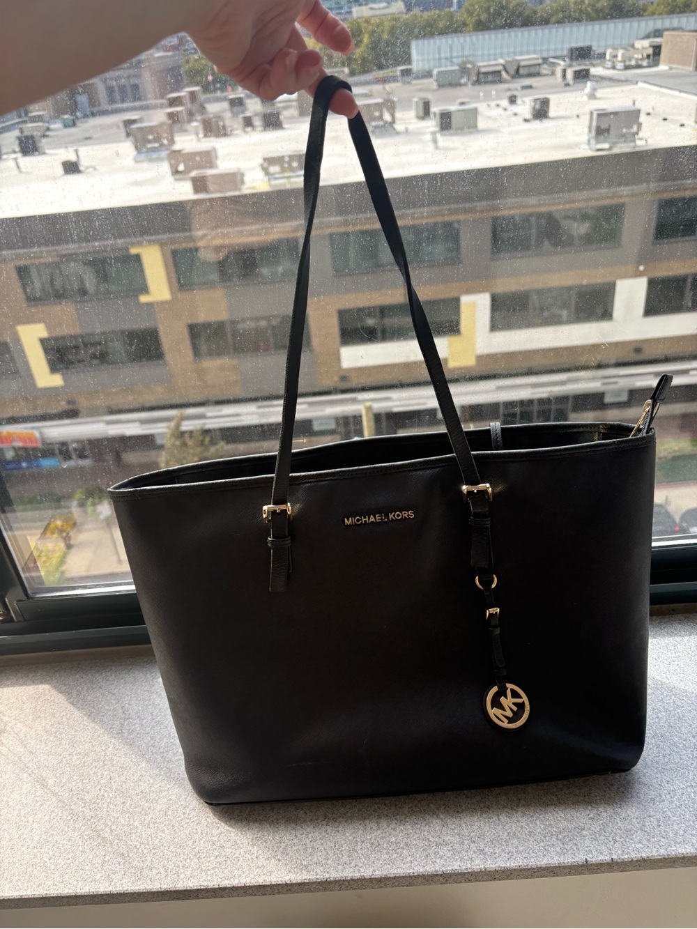 Michael Kors Black Leater/canvas Tote with Gold MK Charm